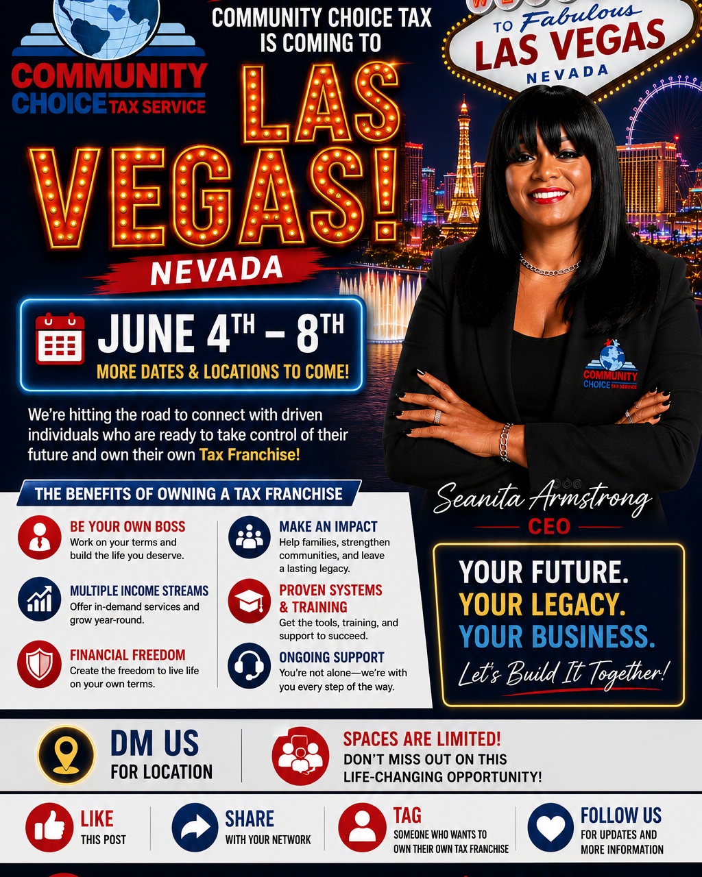 🎰🌟 COMMUNITY CHOICE TAX SERVICE IS COMING TO LAS VEGAS! 🌟🎰

Are you ready to take control of your future and become a Tax Business Owner?

Community Choice Tax Service is expanding, and we're looking for serious, motivated individuals who are interested in building a profitable tax business with proven systems, training, support, and unlimited growth potential.

💼 Benefits of Becoming a Tax Business Owner:
✅ Be Your Own Boss
✅ Multiple Income Streams
✅ Financial Freedom
✅ Proven Systems & Training
✅ Ongoing Support
✅ Make an Impact in Your Community
✅ Build Generational Wealth

📍 LAS VEGAS, NEVADA
📅 More Dates & Locations Coming Soon!

📩 DM us for location details.
📞 Call or Text: 855-528-0048

👇 HELP US SPREAD THE WORD 👇

👍 LIKE this post
🔄 SHARE with your network
👥 TAG someone who wants to own their own Tax Franchise
❤️ FOLLOW our page for updates on upcoming cities and tour dates

This could be the opportunity that changes your future!

#CommunityChoiceTaxService #TaxBusinessOwner #TaxFranchise #LasVegas #Entrepreneurship #BusinessOwnership #FinancialFreedom #BeYourOwnBoss #MultipleIncomeStreams #GenerationalWealth #SmallBusinessOwner #TaxProfessional #CommunityChoice #LegacyBuilding #BusinessOpportunity #TaxIndustry #FollowUs #ShareThisPost
