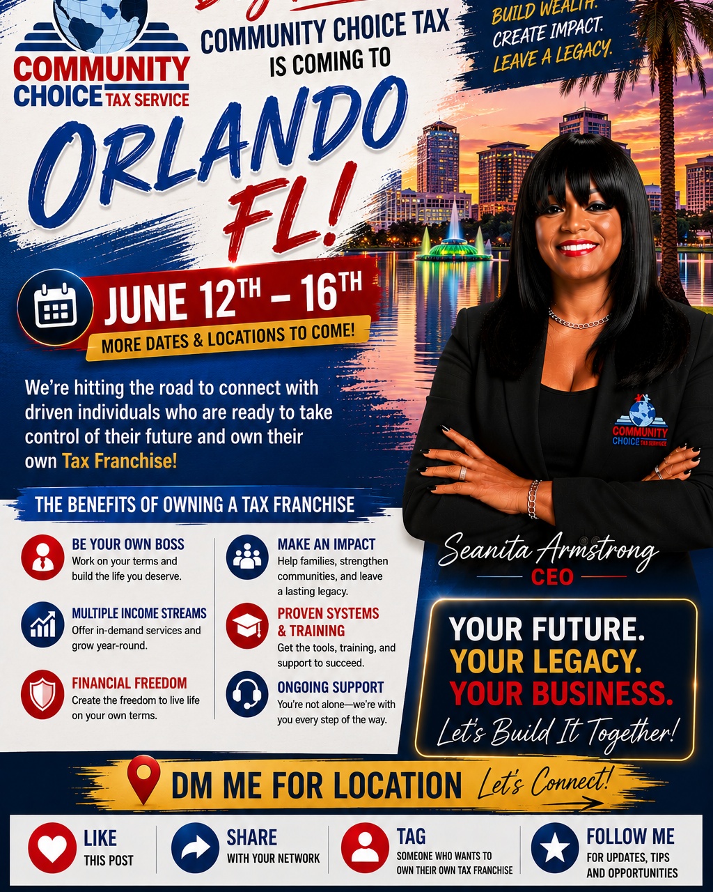 🌴🚀 ORLANDO, FLORIDA... WE'RE COMING YOUR WAY! 🚀🌴

Community Choice Tax Service is excited to announce that Orlando is our next stop on our Multi-City Business Ownership Tour!

📍 ORLANDO, FL
📅 June 12th – June 16th

We're looking for motivated individuals who are ready to stop settling for a paycheck and start building a business, a legacy, and a future.

💼 Why Orlando?

Orlando is one of the fastest-growing cities in America, attracting entrepreneurs, families, professionals, and small business owners from across the country. With a booming population, year-round economic activity, and a strong demand for financial and tax services, Orlando is the perfect market for aspiring Tax Business Owners.

🌟 Why Open a Community Choice Tax Service in Orlando?

✅ Rapid Population Growth
✅ Strong Small Business Community
✅ High Demand for Tax & Financial Services
✅ Diverse and Growing Market
✅ Year-Round Revenue Opportunities
✅ Large Self-Employed & Entrepreneur Population
✅ Opportunity to Build Generational Wealth

At Community Choice Tax Service, we don't just teach taxes...

🔥 We help individuals become business owners.
🔥 We provide proven systems and training.
🔥 We offer ongoing support and mentorship.
🔥 We help you create multiple streams of income.
🔥 We help you build a business that serves your community.

This is more than a tax business.

This is a chance to:
✔️ Be Your Own Boss
✔️ Create Financial Freedom
✔️ Build Wealth
✔️ Make an Impact
✔️ Leave a Legacy

📩 DM us for location details.
📞 Call or Text: 855-528-0048

👇 HELP US SPREAD THE WORD 👇

❤️ LIKE this post
🔄 SHARE with your network
👥 TAG someone who wants to own their own Tax Franchise
📲 FOLLOW Community Choice Tax Service for tour updates and future city announcements

ORLANDO... ARE YOU READY? 🌴🔥

#CommunityChoiceTaxService #OrlandoFlorida #TaxBusinessOwner #TaxFranchise #BusinessOwnership #Entrepreneurship #FinancialFreedom #BeYourOwnBoss #GenerationalWealth #MultipleIncomeStreams #SmallBusinessOwner #OrlandoBusiness #LegacyBuilding #TaxProfessional #CommunityChoice #BuildYourFuture #FloridaEntrepreneurs #BusinessOpportunity