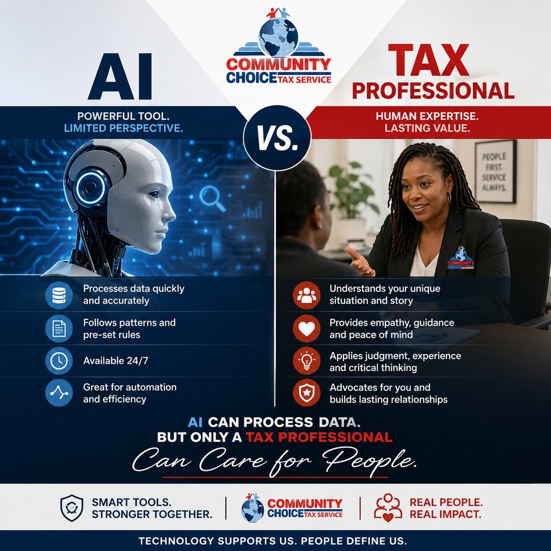 IRS Bulletin on AI
At Community Choice Tax, we embrace technology because it helps us work smarter.
But we'll never replace the human touch!
https://content.govdelivery.com/accounts/USIRS/bulletins/41d6e70?reqfrom=share&fbclid=IwY2xjawSstFVleHRuA2FlbQIxMABicmlkETFQVTUwQWpoVGdqNmx5ZEl4c3J0YwZhcHBfaWQQMjIyMDM5MTc4ODIwMDg5MgABHqRCFoUK5Tp0abEVPj3b57P1L45uaR3WRQTL9Jj1zILLtgSgX9rZV48Hakej_aem_JYZaSiR44Jny3RiWPz3iaQ