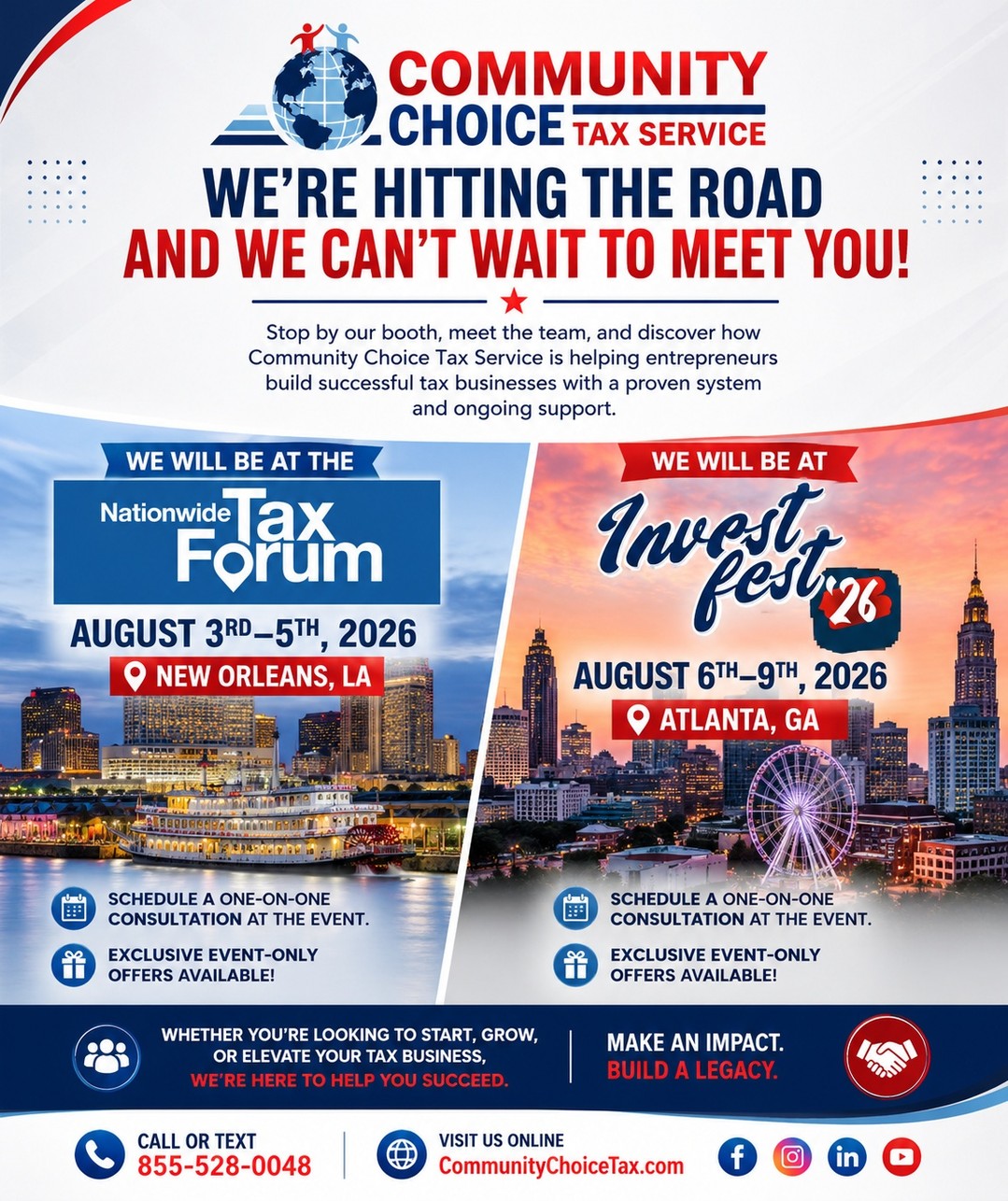 ✨ We're Building. We're Growing. And We're Just Getting Started. ✨

At Community Choice Tax Service, we're always looking for new ways to create opportunities for entrepreneurs, strengthen our brand, and serve our communities.

If you're attending either of these upcoming events, we'd love to meet you!

📍 IRS Nationwide Tax Forum
New Orleans, LA
August 3–5

📍 Invest Fest
Atlanta, GA
August 6–9

Stop by our booth, meet the Community Choice Tax team, and learn how we're helping entrepreneurs build successful businesses with a proven system and ongoing support.

We look forward to connecting with you!

Community Choice Tax Service
Make an Impact. Build a Legacy.

📞 Call or Text: 855-528-0048
🌐 www.CommunityChoiceTax.com

#CommunityChoiceTax #IRSTaxForum #InvestFest #NewOrleans #Atlanta #BusinessOwnership #Entrepreneur #TaxProfessionals #BuildALegacy