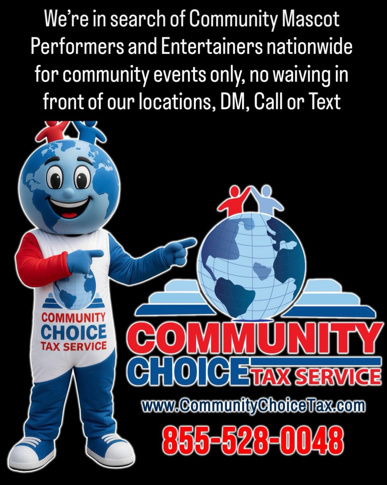 🚨🎭 NOW HIRING NATIONWIDE! GREAT PAY + DAILY PAYOUTS! 💰🎉

🌟 Calling All Performers, Dancers & Entertainers! 🌟

We’re looking for ENERGETIC, OUTGOING & TALENTED individuals across the country to join our Community Man & Community Woman Mascot Team! 🎭🔥

🚫 THIS IS NOT YOUR TYPICAL MASCOT JOB!

We’re NOT looking for people to stand outside tax offices waving signs and dancing!

✅ WE WANT YOU IN THE COMMUNITY!

🎉 Attending festivals & community events

❤️ Supporting charity events & fundraisers

🤝 Participating in resource fairs & outreach programs

📸 Taking photos, entertaining families & spreading positive energy

🌟 Representing our brand while making a REAL impact in communities nationwide!

💵 GREAT PAY!

💰 GET PAID DAILY!

🇺🇸 OPPORTUNITIES AVAILABLE NATIONWIDE!

If you love entertaining, engaging with people, and bringing excitement to your community, WE WANT YOU ON OUR TEAM!

📲 READY TO JOIN?

📞 Call or text us at 855-528-0048

💬 Or send us a DIRECT MESSAGE to apply!

🔥 GET PAID TO HAVE FUN, INSPIRE OTHERS & MAKE A DIFFERENCE!

#NowHiring #NationwideHiring #MascotJobs #EntertainmentJobs #PerformersWanted DailyPay CommunityEngagement BrandAmbassadors CommunityChoiceTax JoinOurTeam