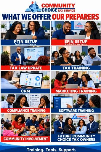 🔴🔵 Your future in the tax industry starts with the right training, tools, and team!

At Community Choice Tax Service, we invest in our preparers and help you build the confidence to serve clients and grow. We offer:

✅ PTIN & EFIN setup assistance
✅ Tax law updates
✅ Tax training
✅ CRM tools to stay organized and connected
✅ Marketing training
✅ Compliance training
✅ Software training
✅ Community involvement
✅ Opportunities to grow toward becoming a future Community Choice Tax owner

Whether you’re just getting started or have ownership in your vision, let’s take that next step together! 🙌🏽

📲 Call or text 855-528-0048
🔗 Register: https://fn.communitychoicetax.com/recruitment

#CommunityChoiceTax #TaxTraining #FutureTaxOwners #TaxProfessionals