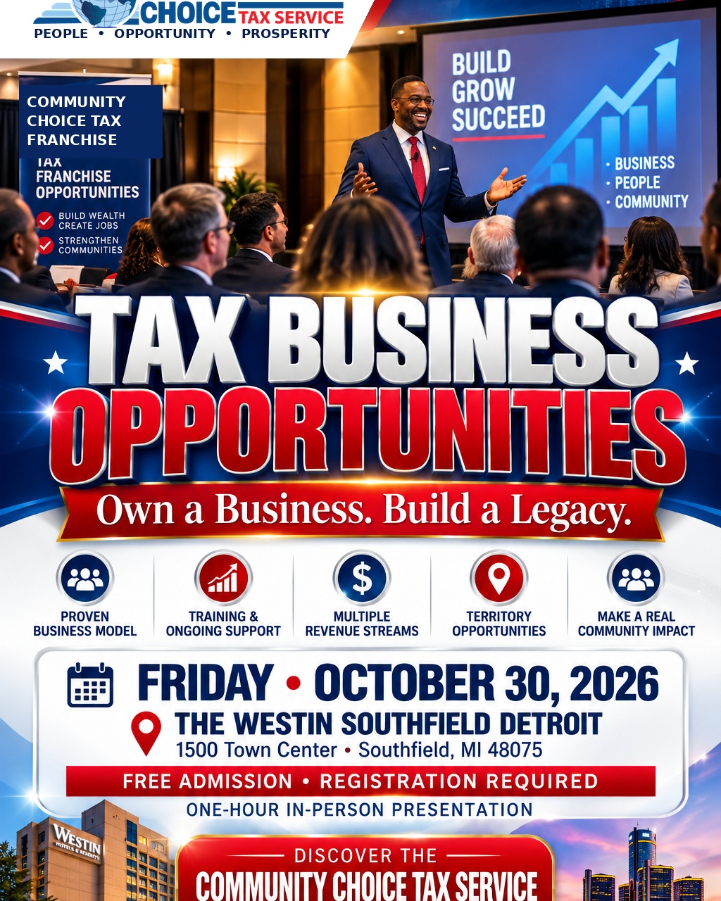 🚨🇺🇸 **YOUR BUSINESS. YOUR FUTURE. YOUR LEGACY!** 🇺🇸🚨

💼 **TAX BUSINESS OPPORTUNITIES — FREE EVENT!**

🔥 **STOP DREAMING ABOUT BUSINESS OWNERSHIP. START EXPLORING YOUR OPPORTUNITY!**

Ready to become your own boss, build something meaningful, and create a lasting legacy?

Join **Community Choice Tax Service** for an exclusive, **ONE-HOUR Franchise Discovery Presentation** and discover how our proven industry experience, professional training, innovative technology, marketing systems, and ongoing business support can help you pursue tax business ownership!

📅 **Friday, October 30, 2026**

📍 **The Westin Southfield Detroit**
1500 Town Center, Southfield, MI 48075

🎟️ **FREE ADMISSION — REGISTRATION REQUIRED!**

✅ Explore Tax Franchise Ownership

✅ Learn About Our Training & Technology

✅ Discover Marketing & Operational Support

✅ Meet Our Leadership Team

✅ Explore Opportunities to Build & Grow Your Own Business

🎯 **CALLING ALL CPAs, ACCOUNTANTS, ENROLLED AGENTS, TAX PREPARERS & ASPIRING ENTREPRENEURS!**

Whether you're ready to launch your first business or expand your existing tax practice, this is your opportunity to discover what's possible with **Community Choice Tax Service!**

🚀 **OWN A BUSINESS. BUILD A LEGACY. MAKE YOUR NEXT MOVE!**

🔥 **SEATS ARE LIMITED — REGISTER FOR YOUR FREE SEAT TODAY!**

🔗 https://www.eventbrite.com/e/1993633359044?aff=oddtdtcreator

❤️🤍💙 **COMMUNITY CHOICE TAX SERVICE**
*Empowering Entrepreneurs. Building Businesses. Strengthening Communities.*

#TaxBusine